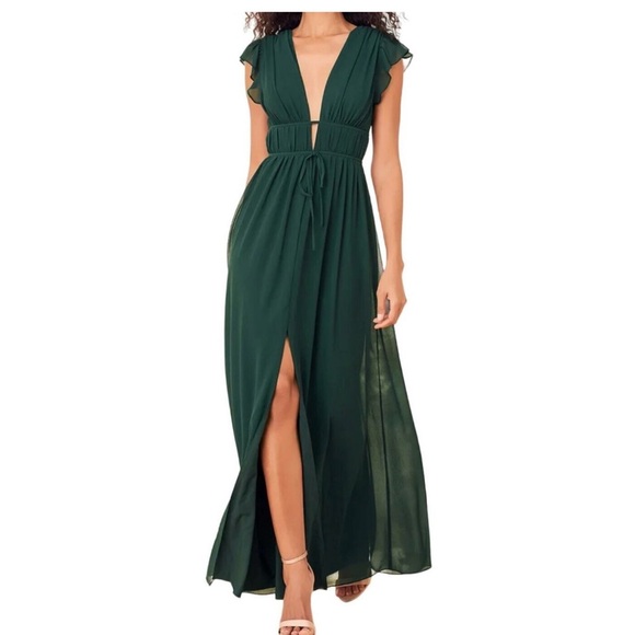 Lulus women’s I am yours Emerald green, Ruffed chiffon Mazi dress size large. - Picture 1 of 11